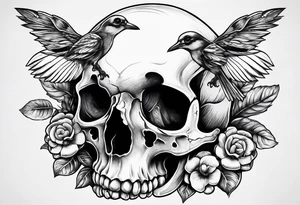 Bird skull with mushrooms and nature in the background tattoo idea