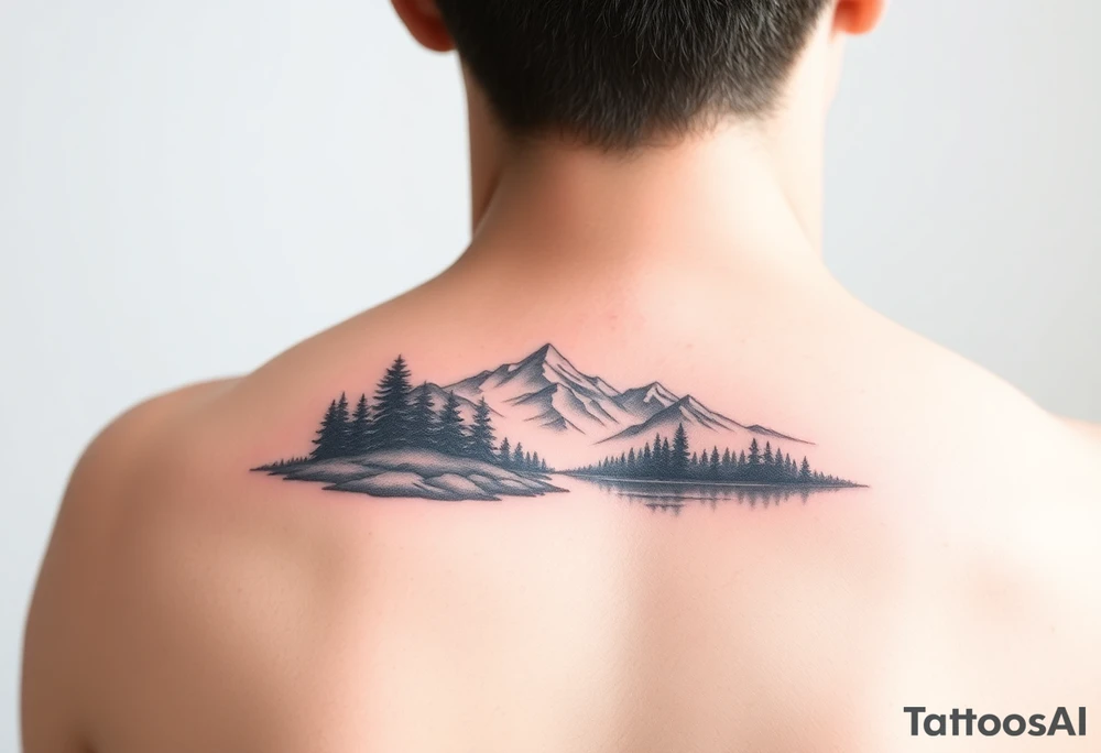 A colorful vignette with a lake and mountains with trees tattoo idea