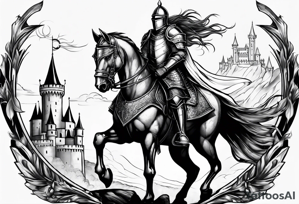 knight in armor full body with castle in background and dragon tattoo idea