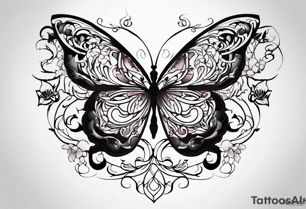444 tattoo intertwine with vines and a butterfly tattoo idea