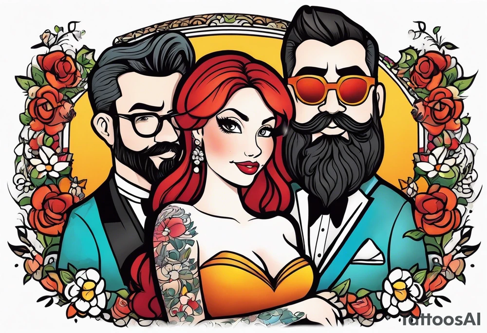 Busty red haired woman with a bearded man who has black hair getting married tattoo idea