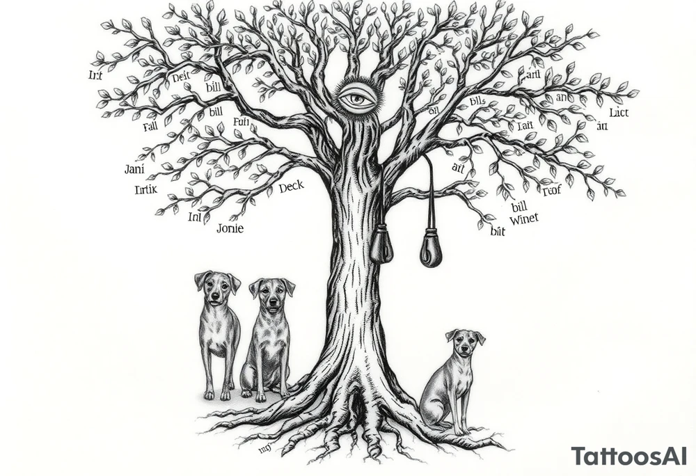 Hippy beech tree full of life. 
Jamie, Derek, Iris, John, bill, Winnie names in the roots, Mavis, Garhi, Mickey, Pam, Lucy, in the branches at the top. Names can be in Hebrew. 
Three dogs a Rhodesian Ridgeback, King Charles cavalier and chihuahua. 
Prett, feminine ornate. Boxing gloves hanging from tree maybe with an all seeing eye overseeing it all. Must be feminine and pretty tattoo idea