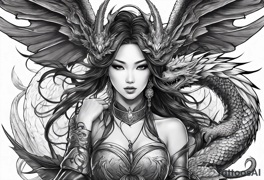 beautiful warrior nymph with dragon wings and a dragon friend tattoo idea