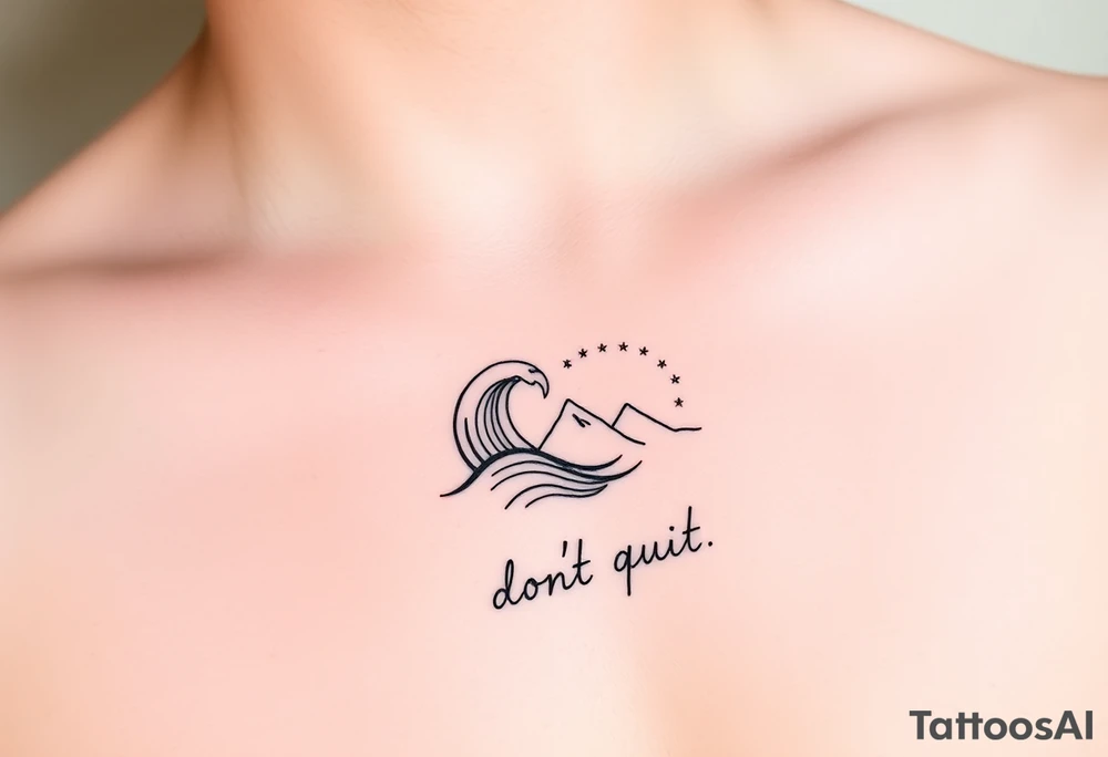 "Create a minimalist black-ink chest tattoo design placed at the center of the chest (over the heart). The tattoo should feature symbolic elements that represent trust, surrender, resilience, and faith in the journey of life. Include a gentle wave forming a spiral (representing letting go and flow), a subtle mountain range (symbolizing grounding and strength), and a small constellation of stars (symbolizing cosmic alignment and trust in the universe). The words 'don’t quit' should be delicately integrated into the design, not loud but intentional. The overall aesthetic should be fine-line, minimal, and poetic — evoking a sense of quiet strength, inner peace, and soulful endurance. Soft natural lighting on light skin." tattoo idea