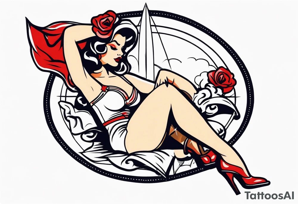 American Traditional pinup girl sitting tattoo idea