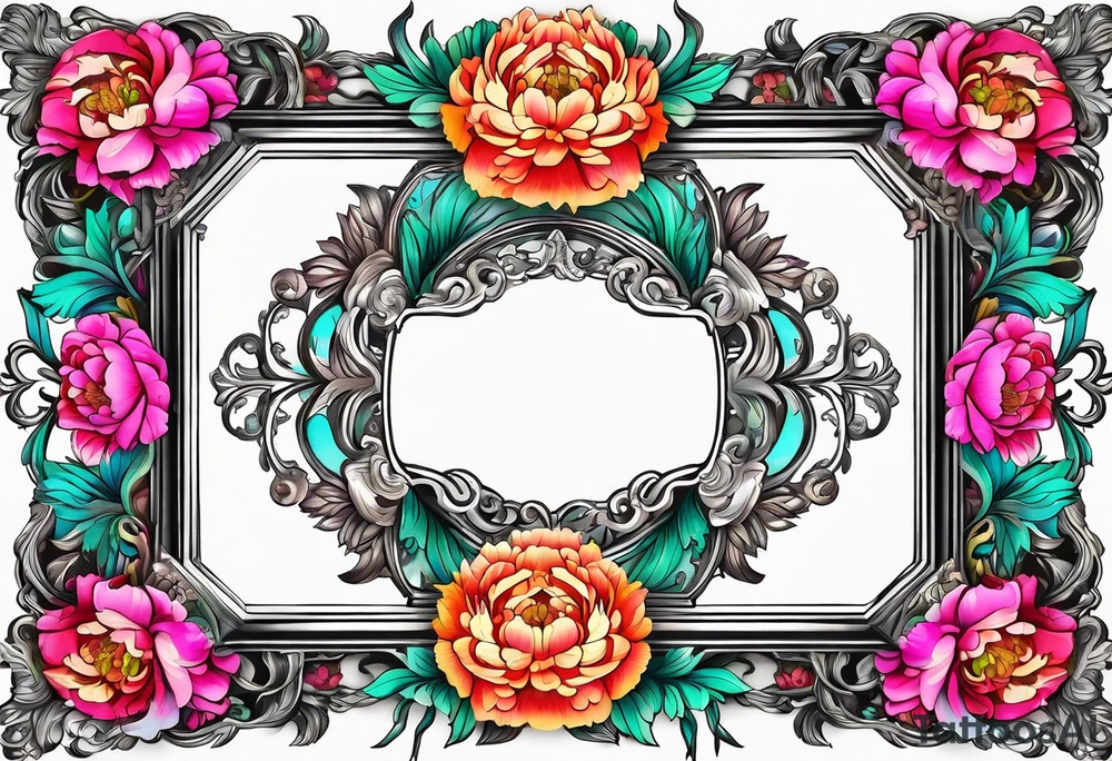 neon colorful peonies,neon colored, surrounding a beautiful intricate victorian style picture frame with filigree tattoo idea
