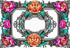 neon colorful peonies,neon colored, surrounding a beautiful intricate victorian style picture frame with filigree tattoo idea