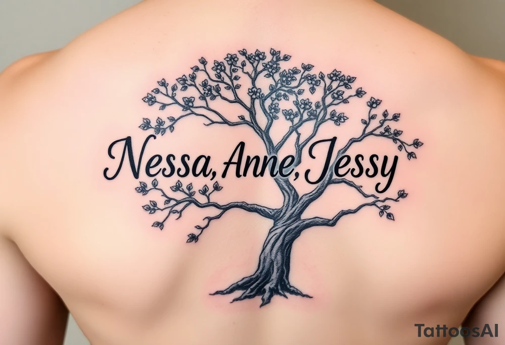 the name Nessa, Anne, Jessy
 on a live tree tattoo idea