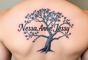 the name Nessa, Anne, Jessy
 on a live tree tattoo idea