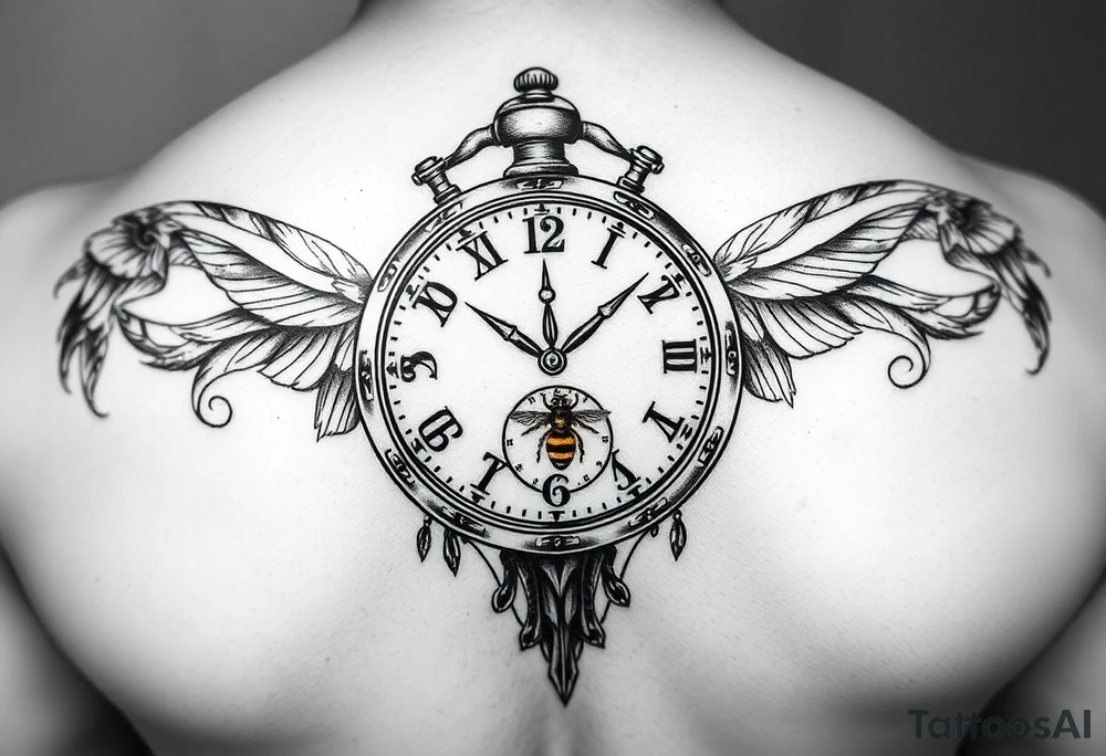 Imaginez un tatouage noir et blanc pour l'avant bras avec horloge affichant 6h40, avec  le Colisé en arrière plan du tatouage  un gladiateur avec une abeille sur le bouclier  une carte de la Corse tattoo idea
