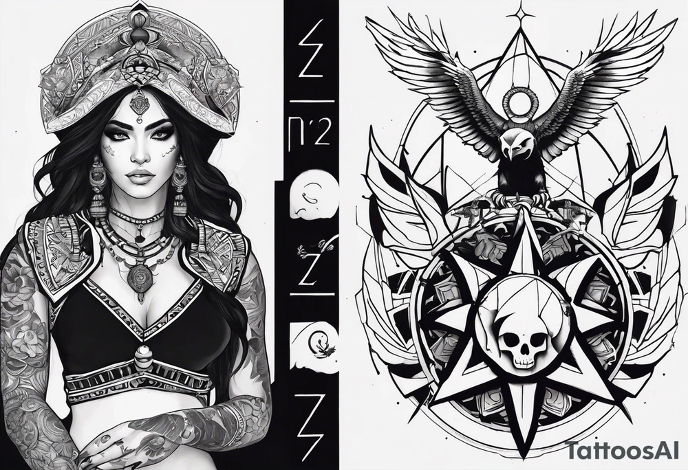 kali ma, alien goddess, valkrye, aries, pirate, divine feminine, zenza resonance, pachamama, lotus azul, blank panther, eagle, skull, 5D, nueva gaya, dna 12, left side chest tatoo tattoo idea