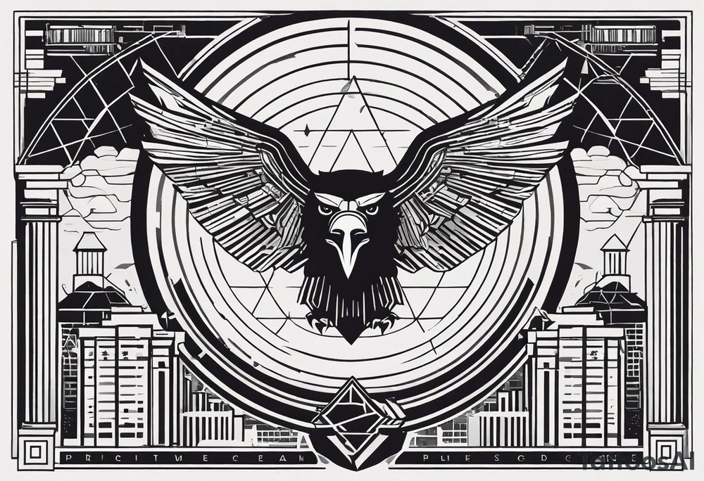 Words: Courage, determination, patience, focus, resilience. Image: Geometric eagle face, bull and bear faces divided by the financial market dump and pump. Graphics, symbols of intelligence interconnected with books and studies that represent the search for knowledge as a person guided by humanity and human philosophy. Image for the right arm and right forearm. Use geometric shapes and lines to connect images. all imagens unity tattoo idea