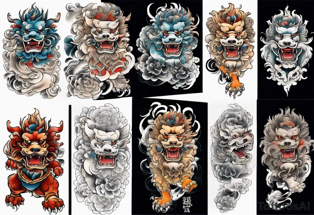 Full body Foo dog left leg sleeve tattoo idea