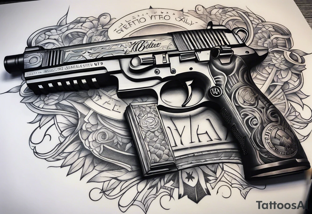 A forearm tattoo that includes an M4 rifle and a Beretta M9 pistol tattoo idea