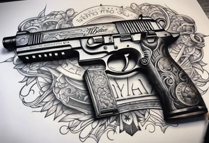 A forearm tattoo that includes an M4 rifle and a Beretta M9 pistol tattoo idea