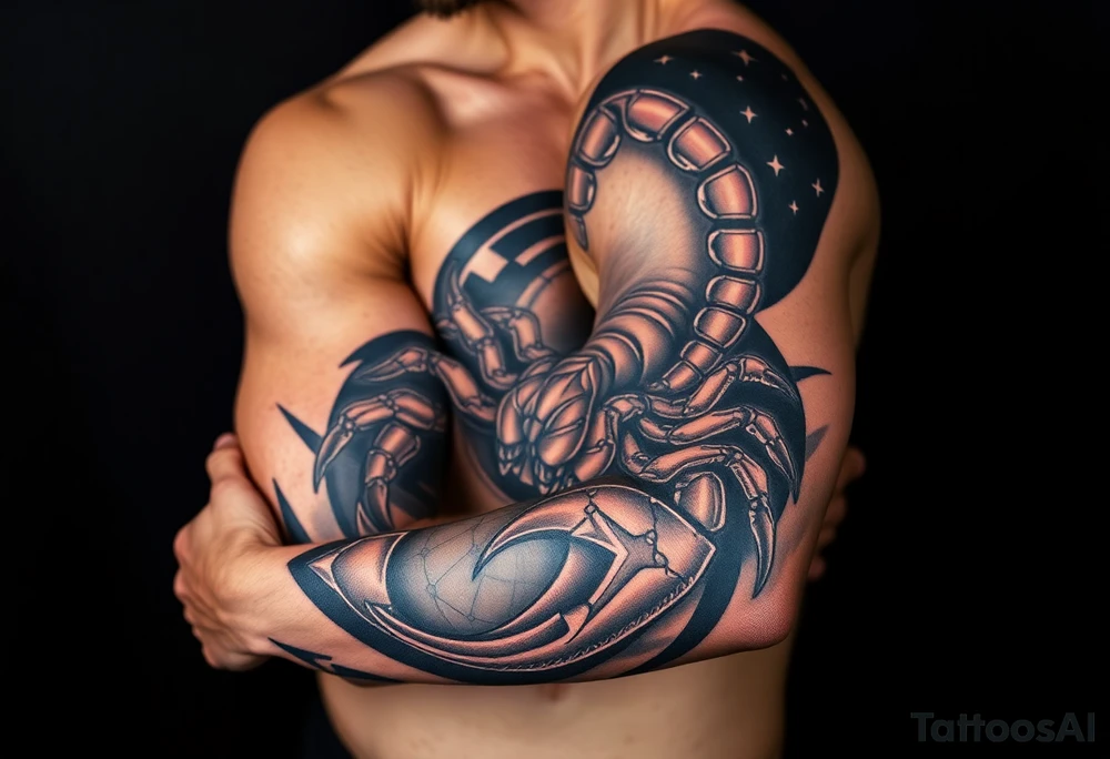 fierce scorpio emerging through the sky at night with dark skies with stars tattoo idea