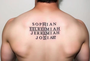 crossword style tattoo with the names 
Sophia, Elijah, Jeremiah, Isaiah, Josiah tattoo idea