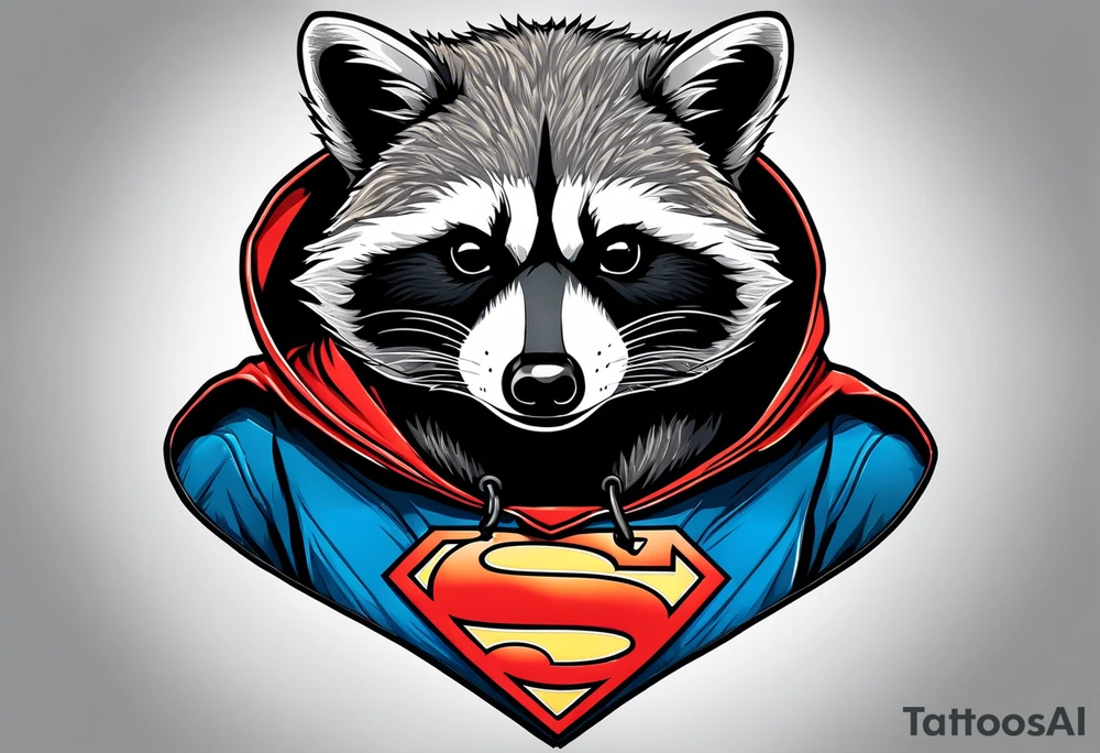 raccoon wearing a Superman hoodie tattoo idea