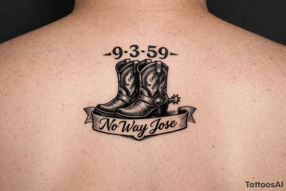 Can you do a minimalist neo, traditional Cow girl boots her birthday 9-3-59 and a banner that says no way Jose tattoo idea