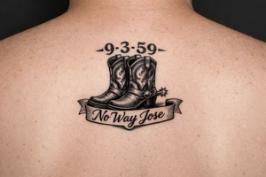 Can you do a minimalist neo, traditional Cow girl boots her birthday 9-3-59 and a banner that says no way Jose tattoo idea