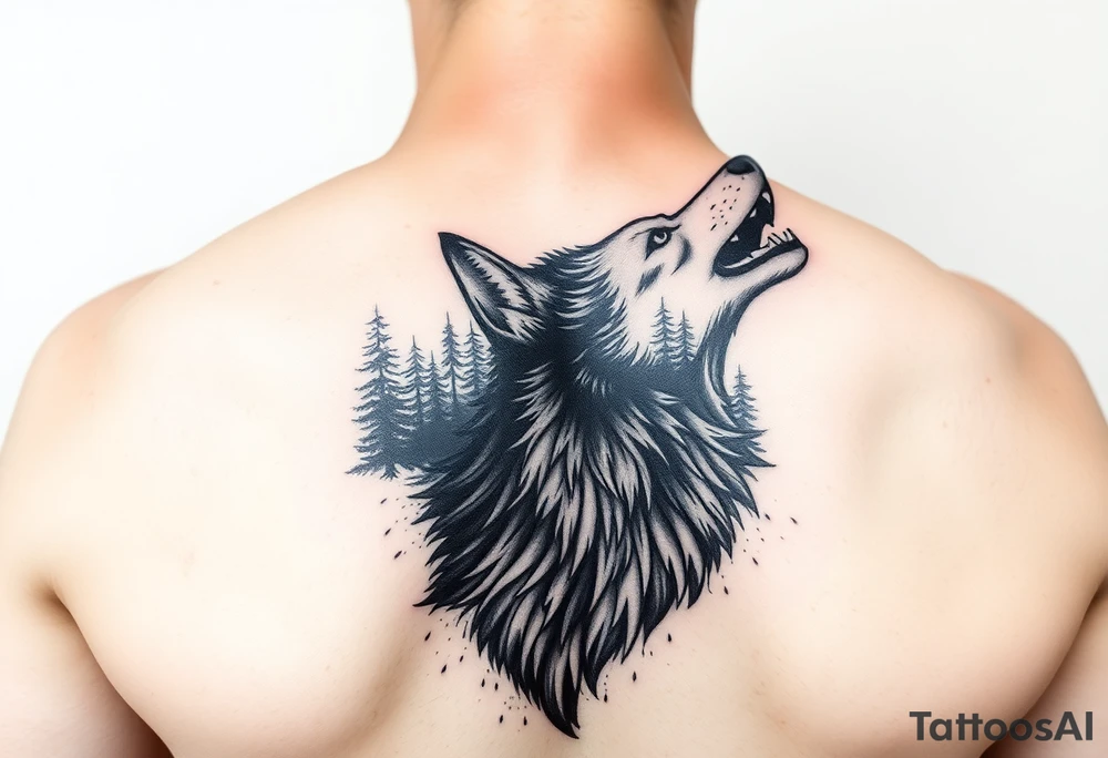 Wolf with forest in the back tattoo idea
