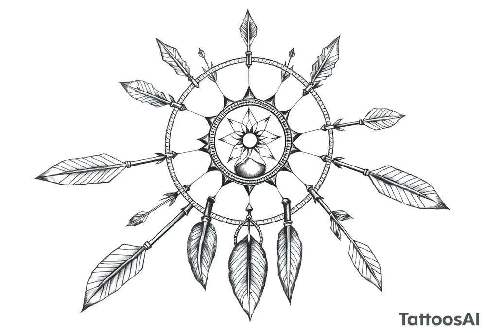 Detailed arrows pointing different ways with hourglass and compass over top dream catcher circling the entire tattoo idea