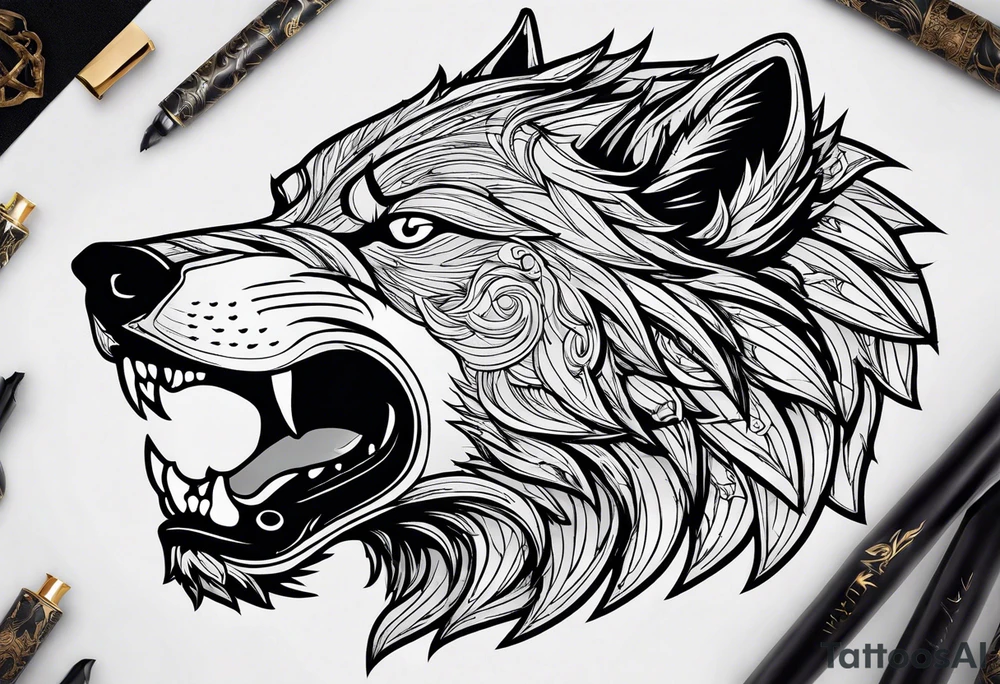 A fierce and imposing dire wolf, inspired by ancient myths or popular culture like "Game of Thrones." This design is for those who want a bold and powerful tattoo. tattoo idea