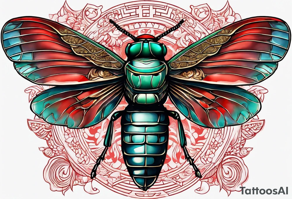 cicada on top of red greek visuals tattoo idea