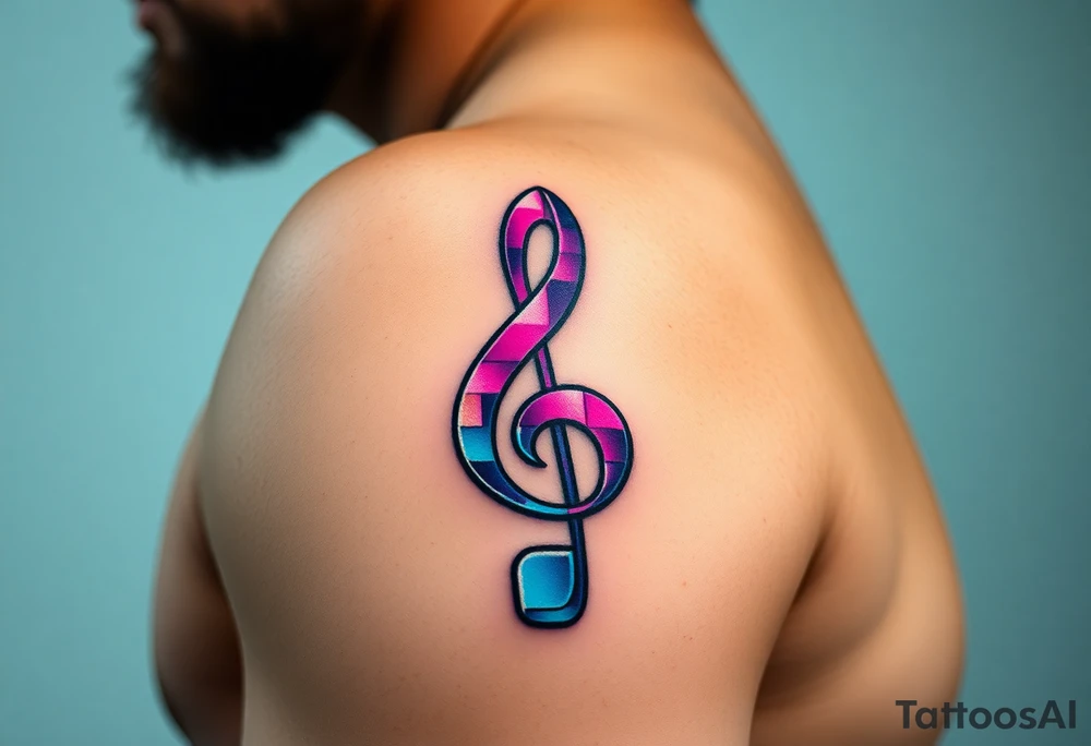 A treble clef formed from pixelated blocks, transitioning from a vibrant neon pink to electric blue tattoo idea