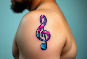 A treble clef formed from pixelated blocks, transitioning from a vibrant neon pink to electric blue tattoo idea