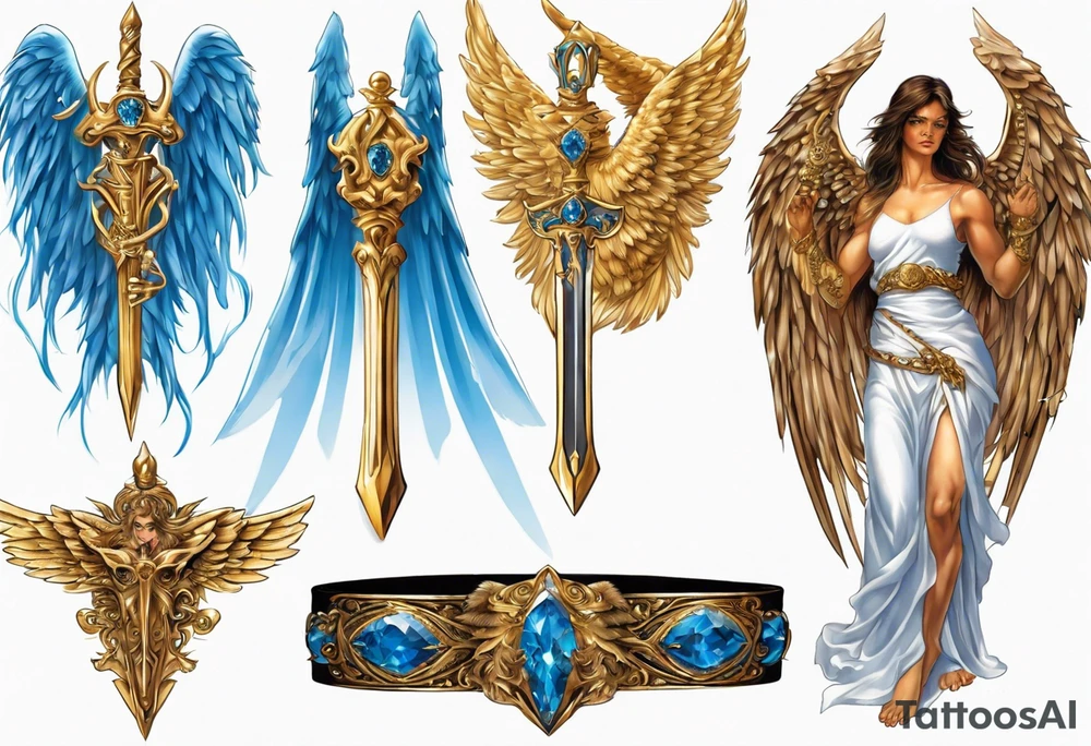 Bright Gold jewelry
Bronze wrist bands
Winged Angel
Sword
Muscle
Blue
Diamonds
Leather
White robe tattoo idea