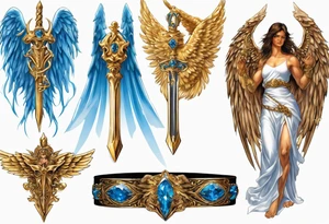 Bright Gold jewelry
Bronze wrist bands
Winged Angel
Sword
Muscle
Blue
Diamonds
Leather
White robe tattoo idea