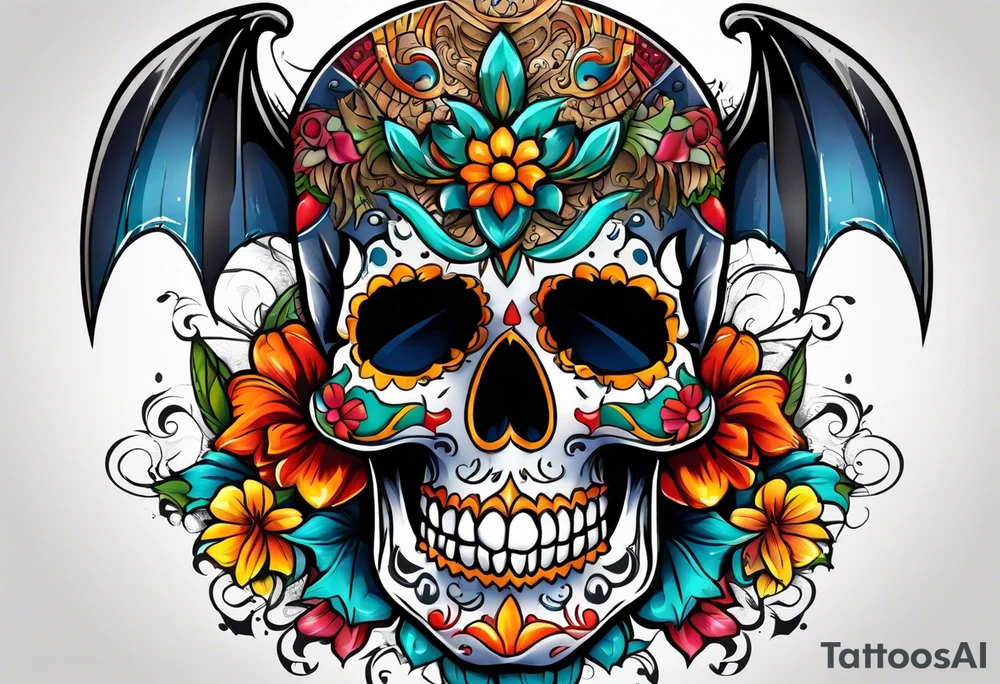 Colorful Mexican skull with bats and water tattoo idea