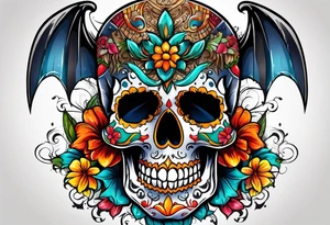 Colorful Mexican skull with bats and water tattoo idea
