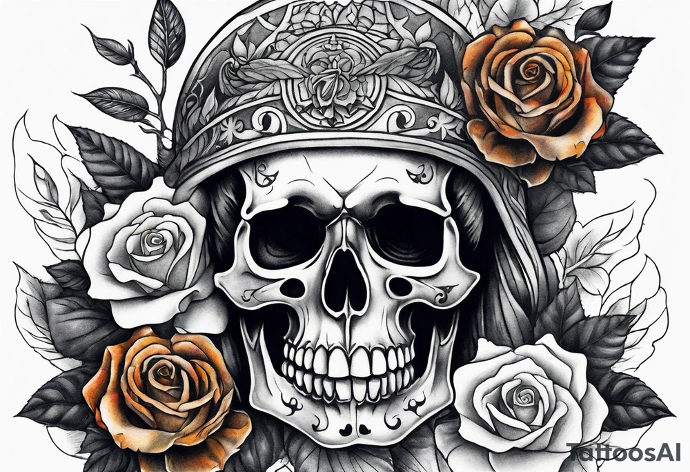 Front knee tattoo with fall colors, small flowers, rose, satanic skull, leaves, blue water flows with washes and background Powell Peralta tattoo idea