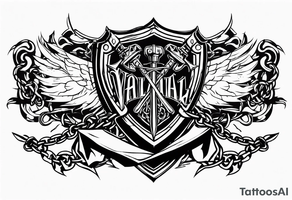 Valhalla sword shield axe barbed wire chains dark cloud tattoo idea
