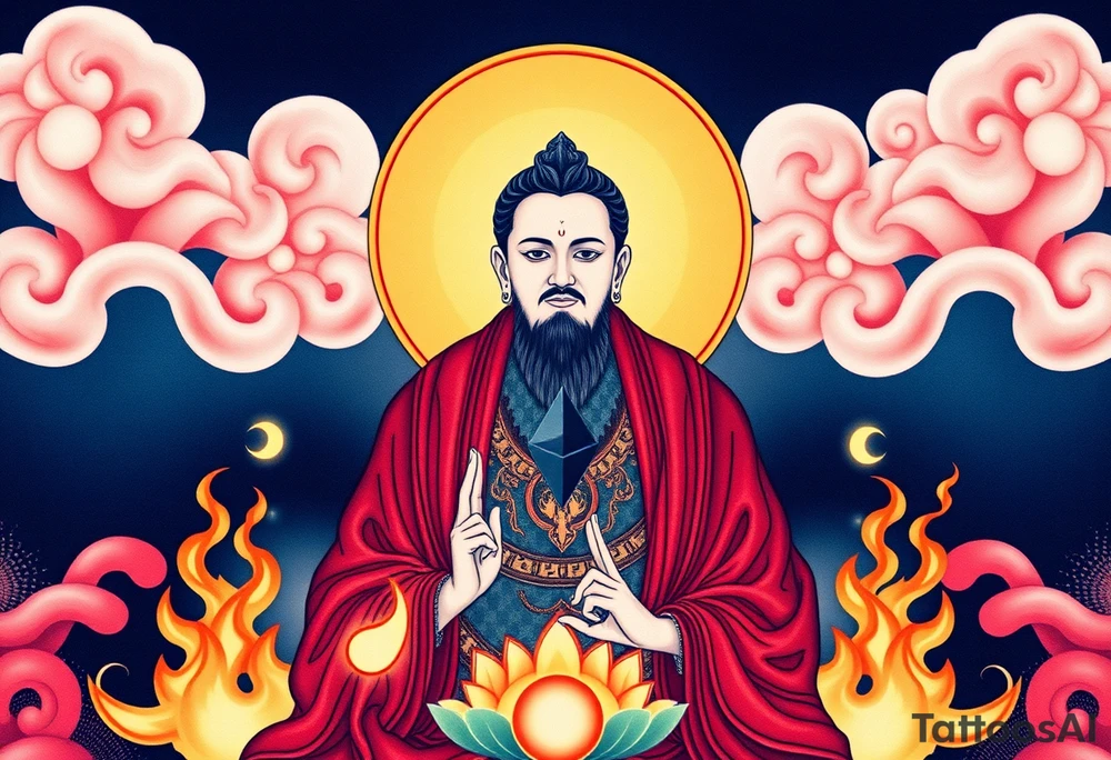 "Tibetan thangka tattoo with:  
1. DIGITAL DEITY:  
   - Central figure is a crypto wallet (QR-code face)  
   - Halo = Ethereum logo (геометрический узор)  
   - Hands in 'HODL' mudra (жест криптоадепта)  

2. TRADITIONAL ELEMENTS:  
   - Lotus throne → Server rack  
   - Clouds → Mining rig schematics  
   - Flames of wisdom → Binary code streams  

3. SECRET LAYERS:  
   - При ближайшем рассмотрении:  
     - QR ведёт на ранний рассказ Пелевина  
     - В узорах одежды спрятано '404 Nirvana Not Found'  
     - Мантра на свитке: 'To the Moon' на санскрите  

TECH SPECS:  
- Размер: 12x18cm (предплечье/спина)  
- Стиль: Нео-трайбл с элементами glitch art  
- Цвета: Чёрный + электрик-синий (только для QR) tattoo idea
