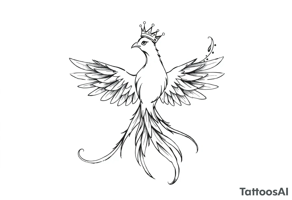 Pheonix wearing a crown with flowy long tail tattoo idea