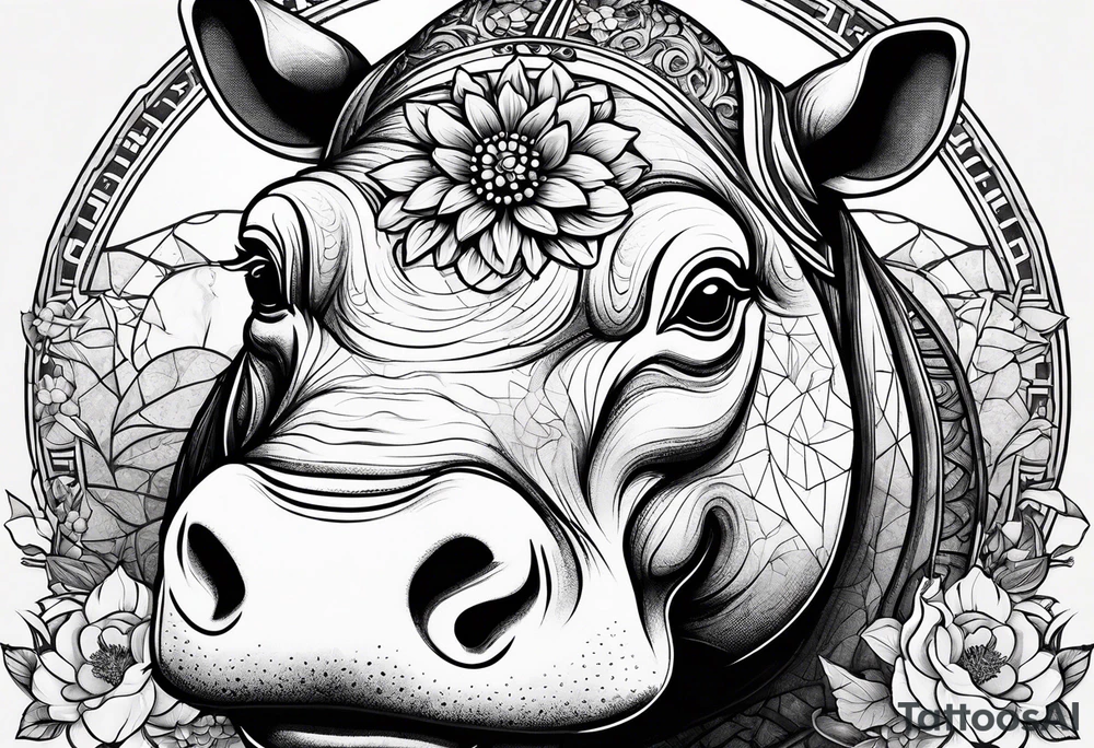 A symbolic hippo head with a detailed realistic full moon on upper right corner and wintersweet flower on lower left corner tattoo idea