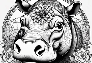 A symbolic hippo head with a detailed realistic full moon on upper right corner and wintersweet flower on lower left corner tattoo idea