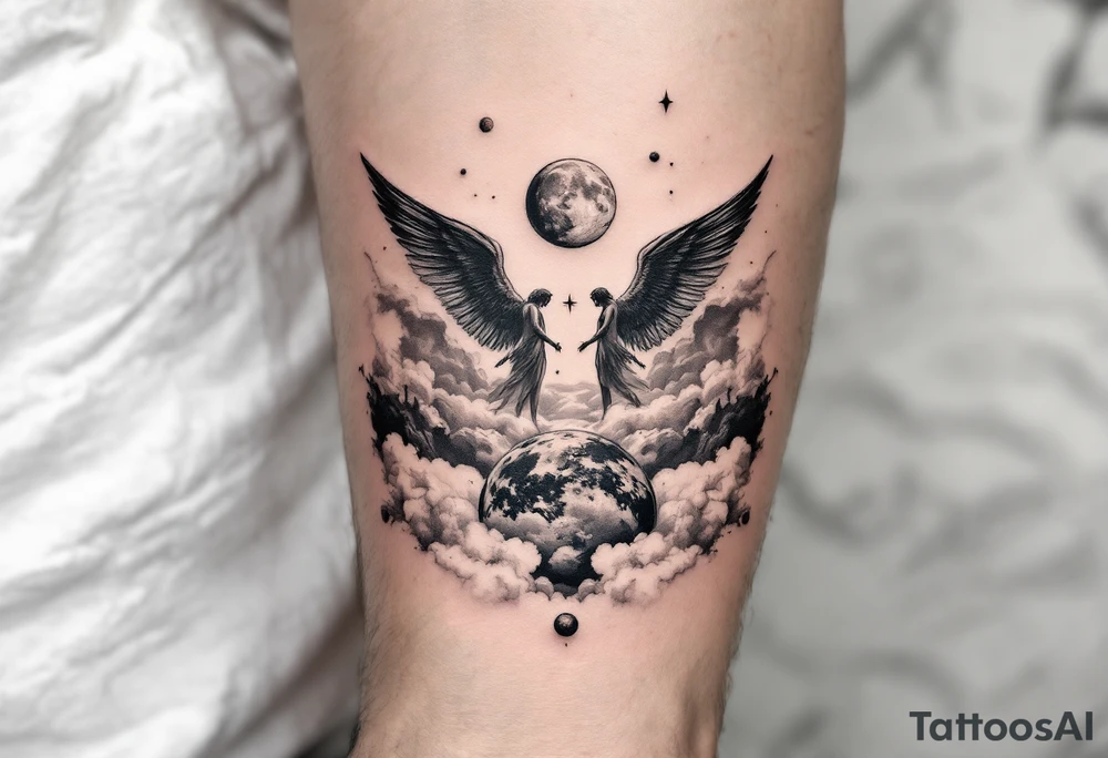 angels with wings standing on clouds looking down upon the world and planets in the background to give it more detail tattoo idea