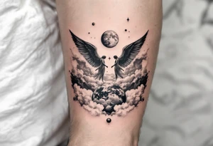 angels with wings standing on clouds looking down upon the world and planets in the background to give it more detail tattoo idea