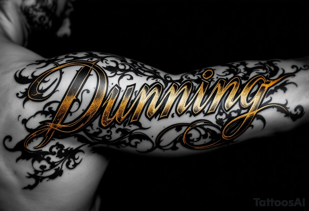 Dunning, details include bold strong font, gold highlights, theme of wealth and angels tattoo idea