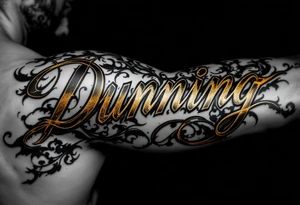 Dunning, details include bold strong font, gold highlights, theme of wealth and angels tattoo idea