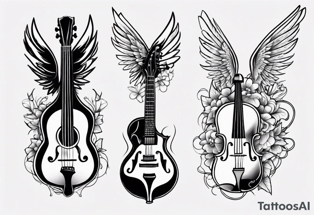 GUITAR AND VIOLIN LEANING AGAINST EACH OTHER 
WITH ANGLE WINGS tattoo idea