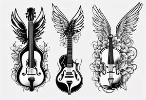 GUITAR AND VIOLIN LEANING AGAINST EACH OTHER 
WITH ANGLE WINGS tattoo idea