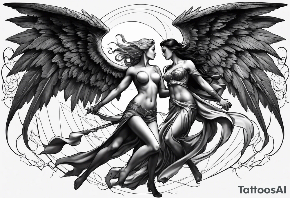 angel woman and devil woman fighting, arguing on the sky , big wings and full body, angel at the right side and have normal wing but devil woman at the left side and with bat wing tattoo idea