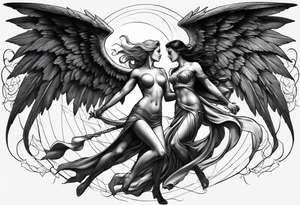 angel woman and devil woman fighting, arguing on the sky , big wings and full body, angel at the right side and have normal wing but devil woman at the left side and with bat wing tattoo idea
