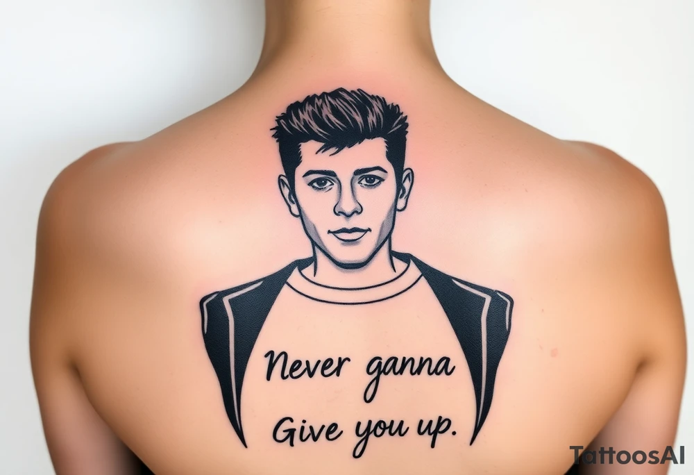 Rick Astley's Face, shoulders, Arms, Black jacket, Black and White stripe T-shirt outline with text "Never Gonna Give You Up" tattoo idea