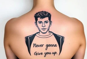 Rick Astley's Face, shoulders, Arms, Black jacket, Black and White stripe T-shirt outline with text "Never Gonna Give You Up" tattoo idea